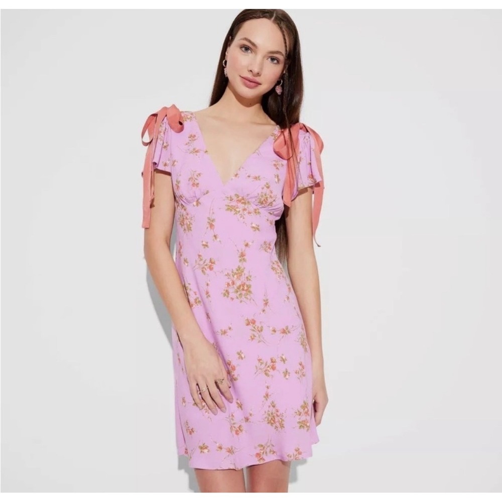 Fairy summer Wild Fable Floral Flutter Sleeve Mini Dress Women M Pink Ribbon Bow